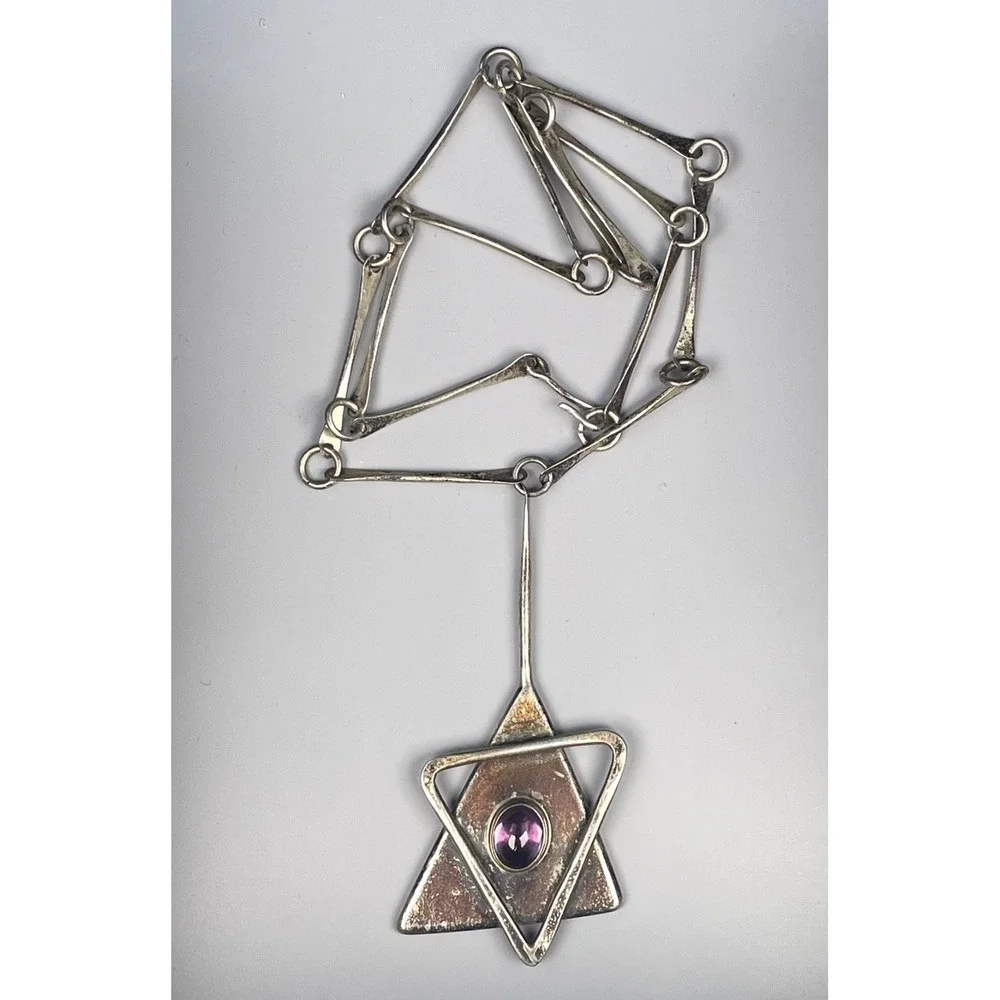 Sterling Silver Modernist Necklace Natural Amethyst Studio Artisan 33.9g 1973